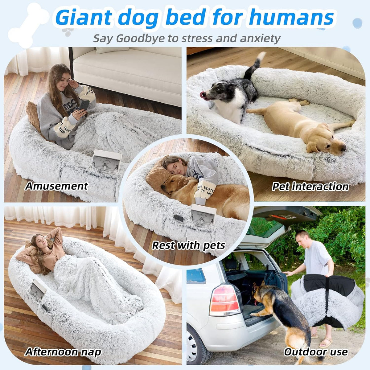Human Dog Bed - 71"x45"x12" Fits You & Pets, Washable Faux Fur, Orthopedic, Plump Pillow, Blanket