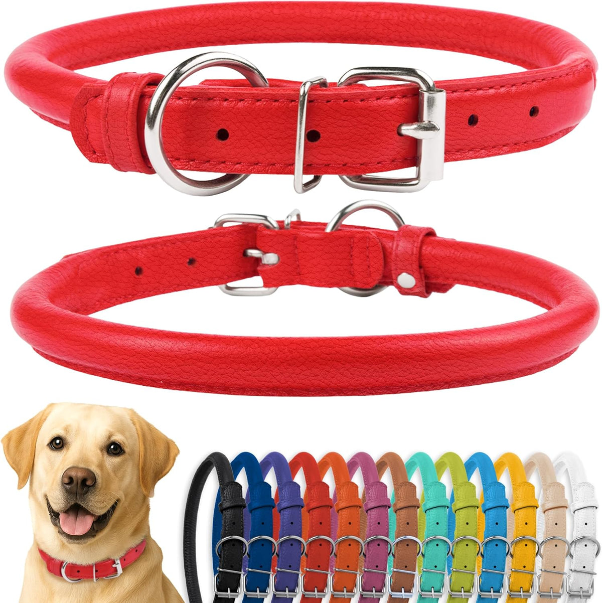 CollarDirect Rolled Leather Dog Collar, Soft Padded Round Puppy Collar, Handmade Genuine Leather