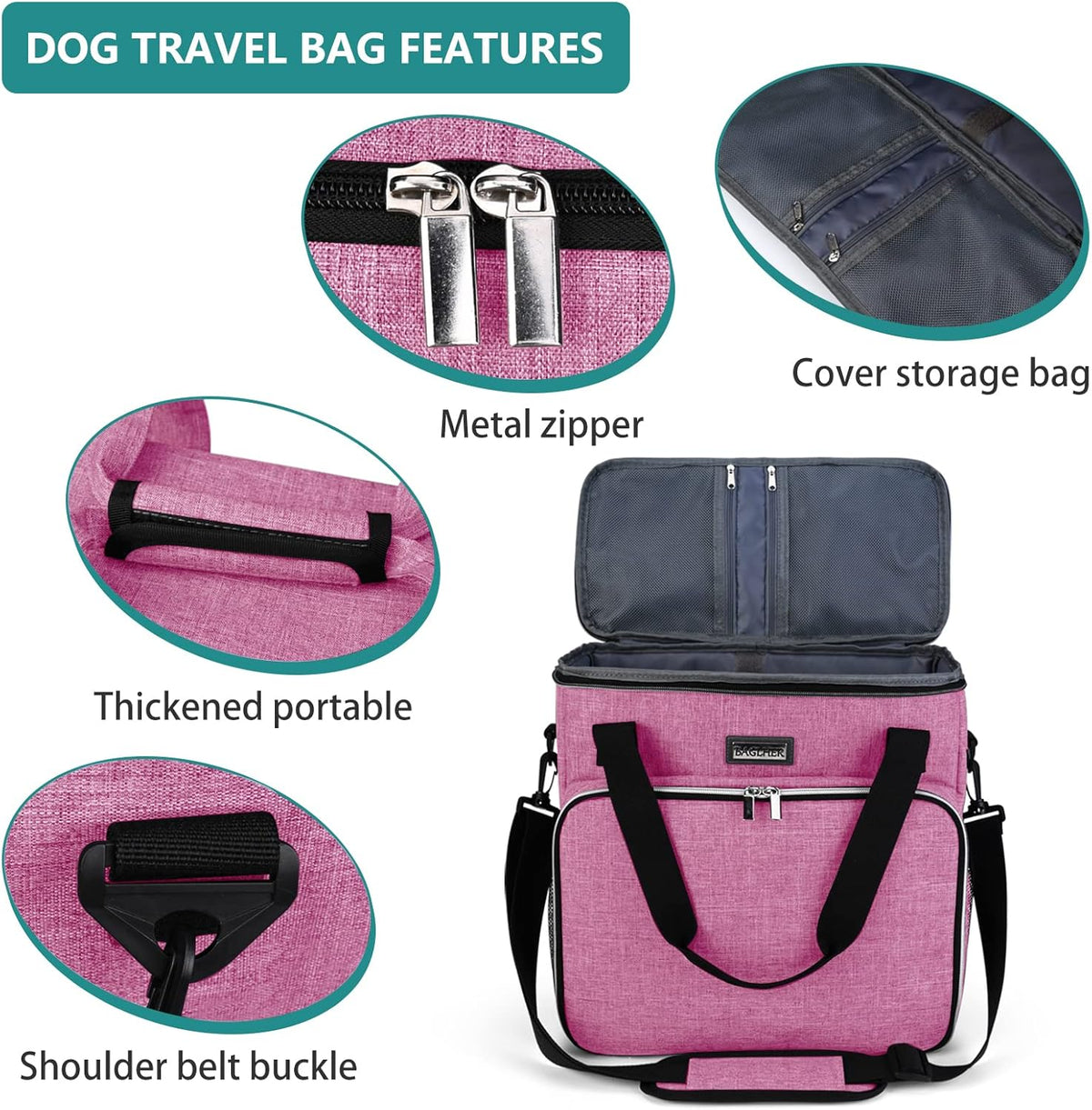 BAGLHER Dog Travel Bag, Pet Travel Bag (ALL Pet Travel Supplies), With 2 Pet Food Containers and 2