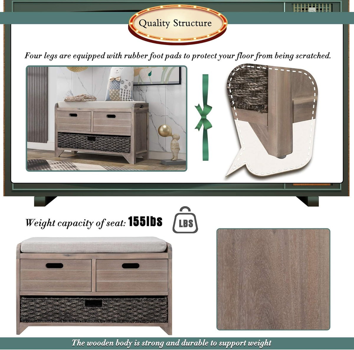 Storage Bench Removable Basket 2 Drawers Fully Assembled Acacia Wood Shoe Bench Standing Shoe Rack