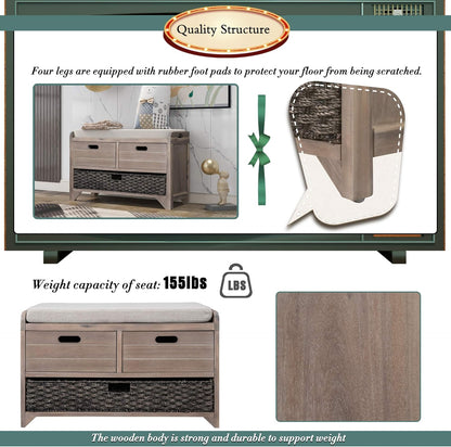 Storage Bench Removable Basket 2 Drawers Fully Assembled Acacia Wood Shoe Bench Standing Shoe Rack