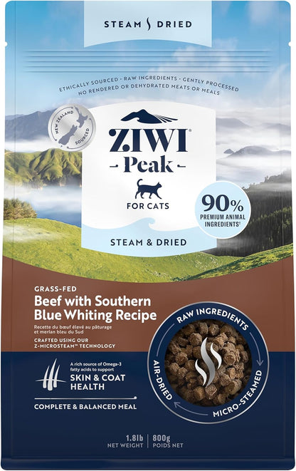 ZIWI Peak Steam & Dried Cat Food – Beef w/Southern Blue Whiting Fish - High Protein, Skin & Coat