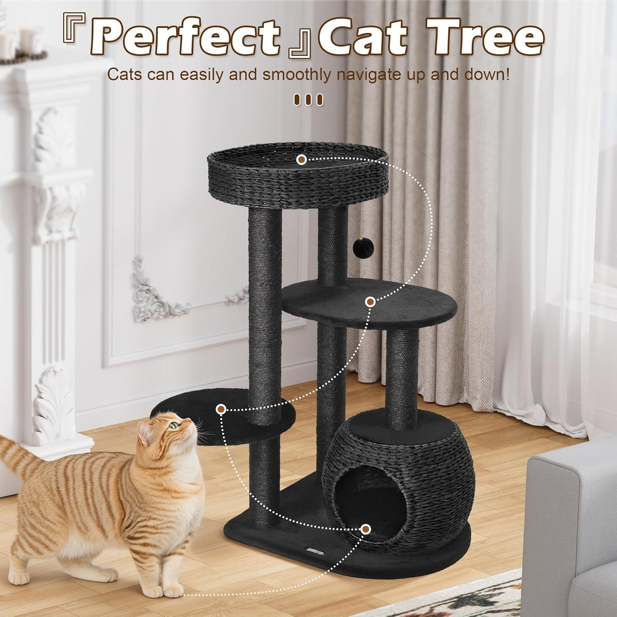 KAMABOKO Modern Cat Tree, 39" Tall Cat Tree Black for Kittens Climb Play & Rest, Cat Trees for