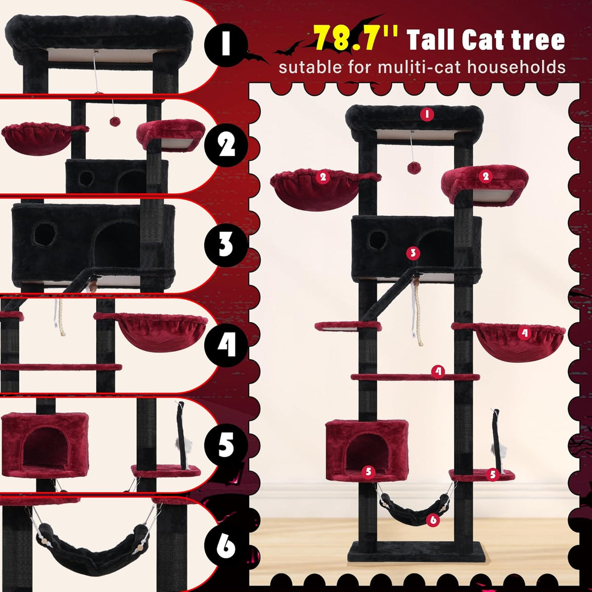 Gothic Cat Tree for Large Cats, 78.7"(200cm) Tall Cat Tower for Indoor Cats Multiple Cats with
