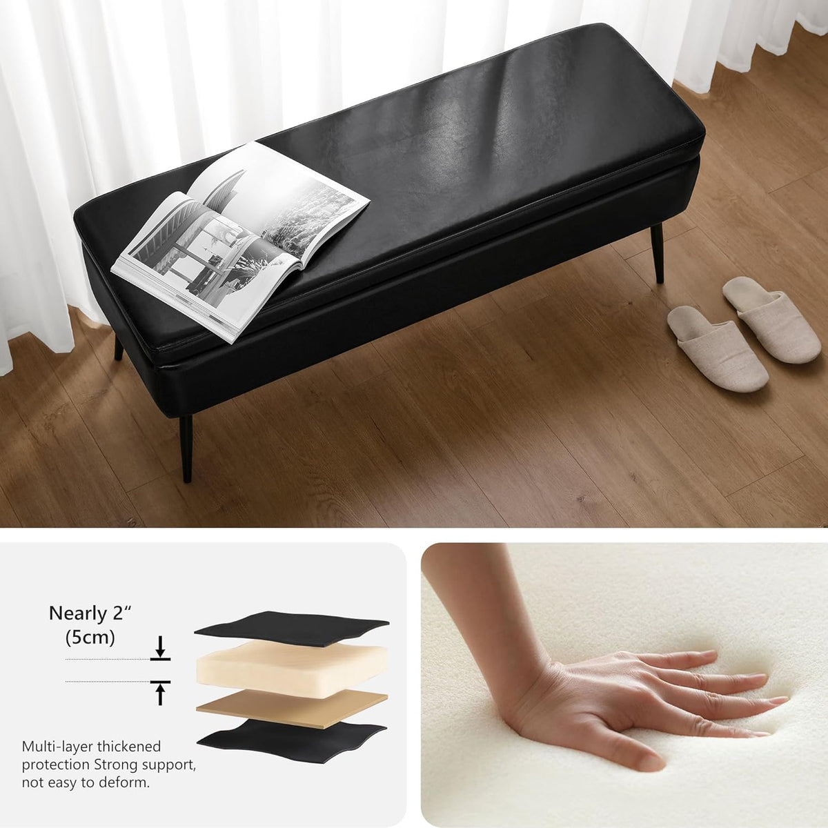 Leather Storage Ottoman Bench,End of Bed Bench for Living Room Bedroom Dinning Room