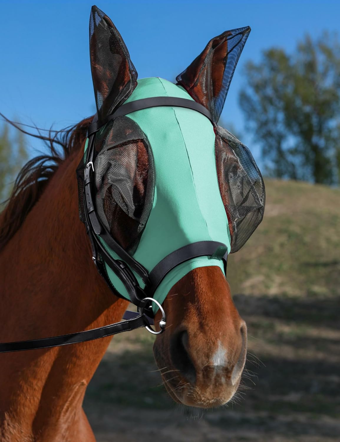 Horse Fly Mask with Ears, UV Protection for Horses, Elasticity with Big Mesh Eye Covers, Snug