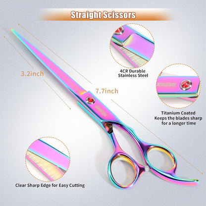 7.0in Titanium Professional Pet Grooming Scissors Set, GEMEK 6 in 1 Straight & Thinning & Upwards