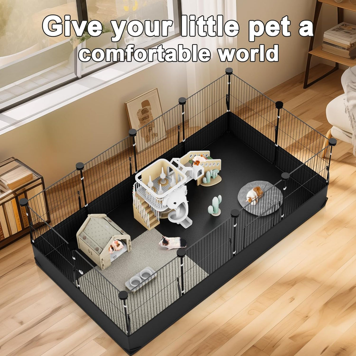 Tresbro Guinea Pig Cage with Waterproof PVC Bottom Liner & One-Hand Release Hook, Triple Fixing C&C