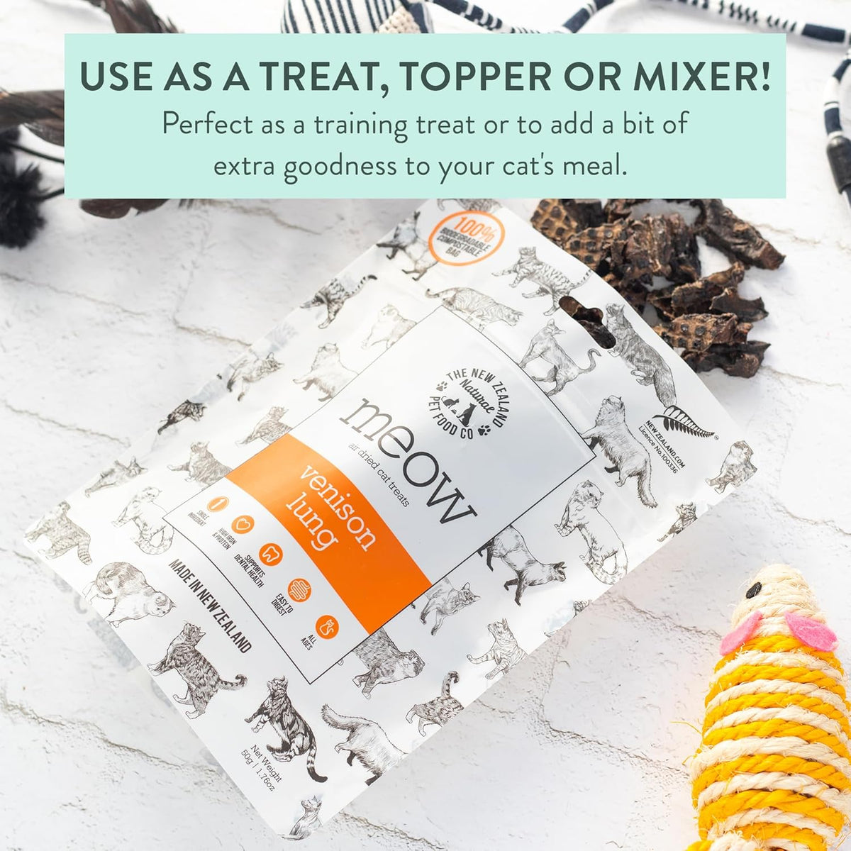 Meow Air Dried Cat Treats - Venison Lung, High Protein, Healthy Cat Snacks and Toppers, All Natural