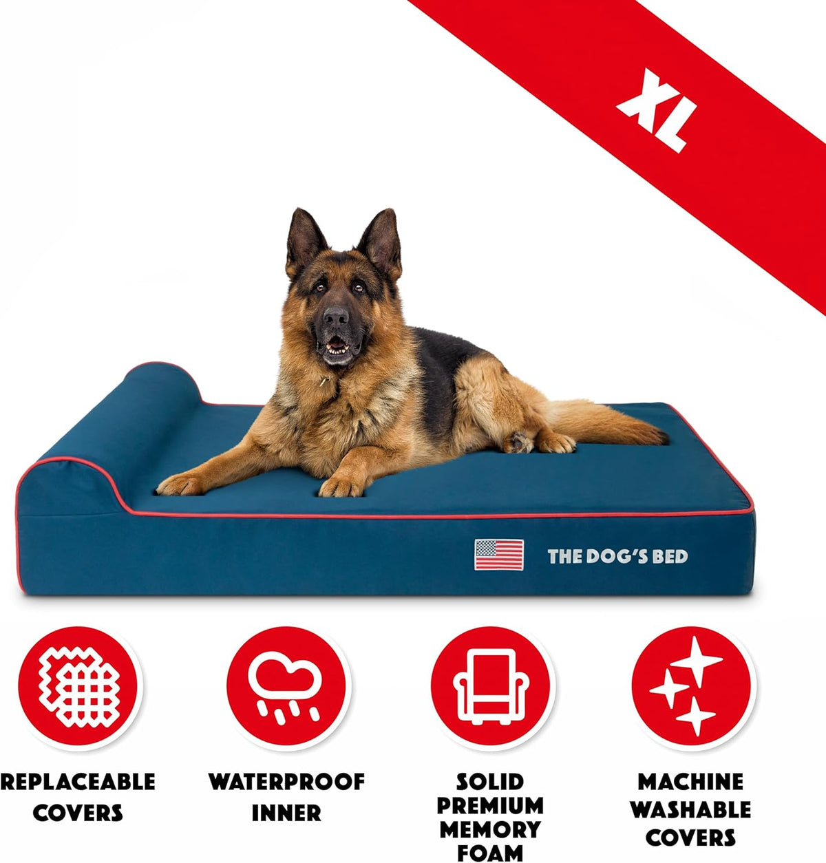 The Dog’s Bed Orthopedic Headrest Dog Bed XL Blue Oxford with Red Trim US Flag 46x28, Memory Foam