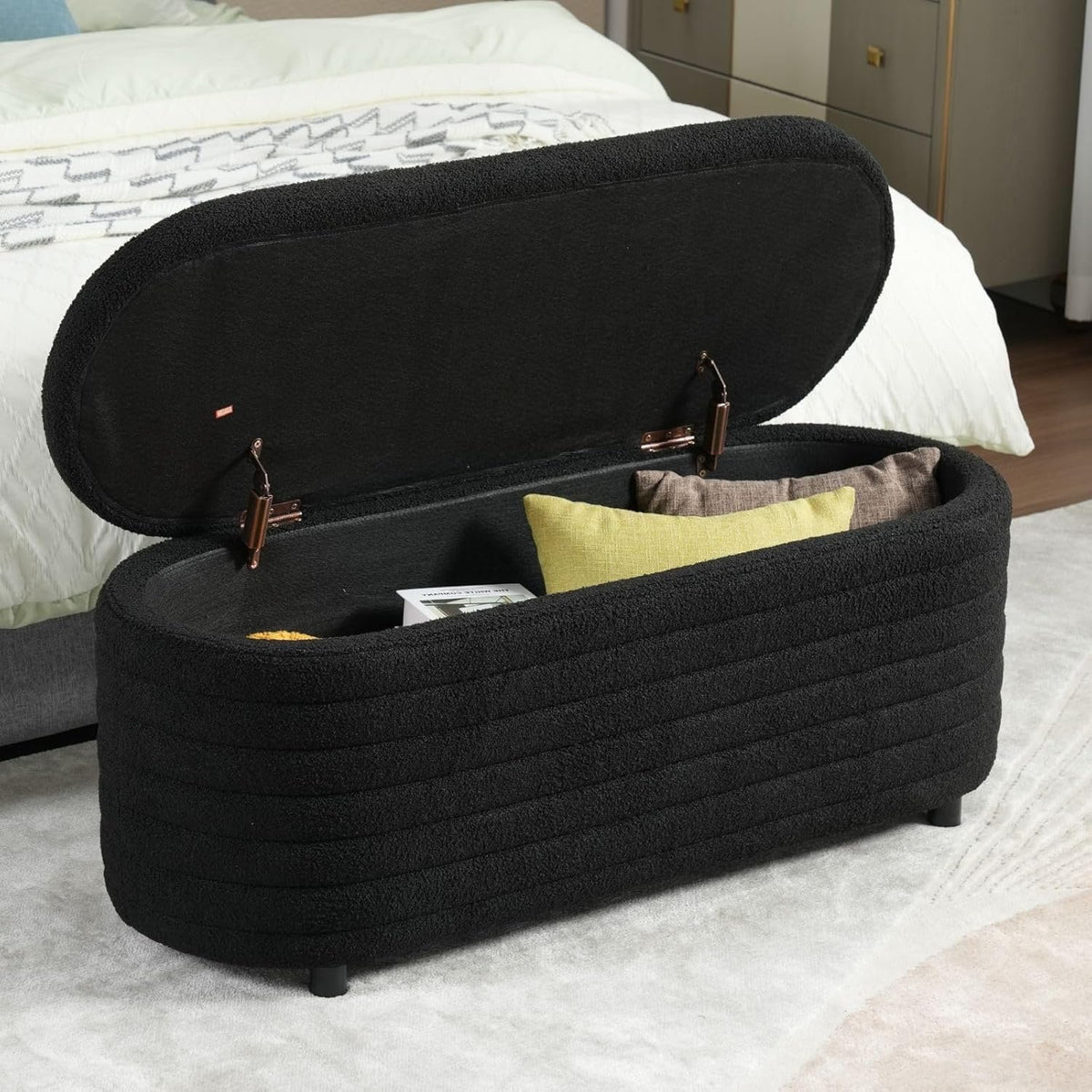Storage Ottoman Bench Upholstered Fabric Storage Bench End of Bed Stool with Safety Hinge for