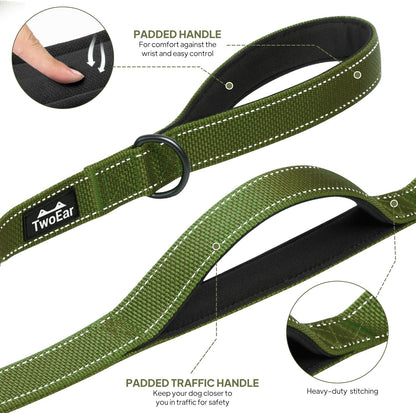 TwoEar 4FT 1IN Strong Green Dog Leash with 2 Padded Handles, Traffic Handle Extra Control