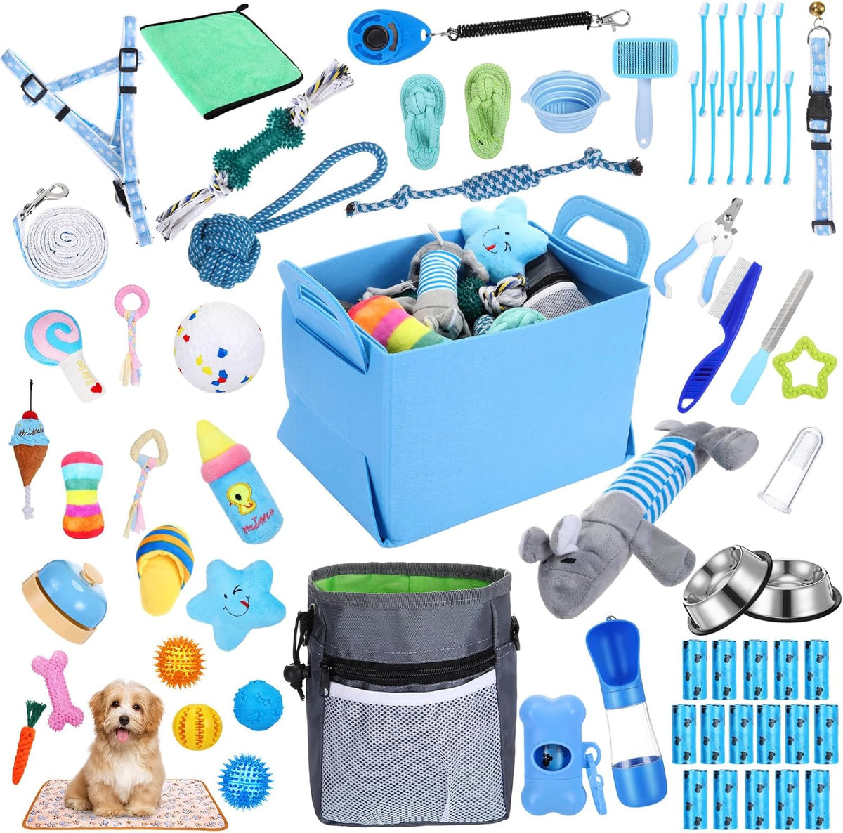 65 Pcs Puppy Supplies Starter Kit Small Dog Essentials Includes Dog Leash, Toys, Bowl, Brushes