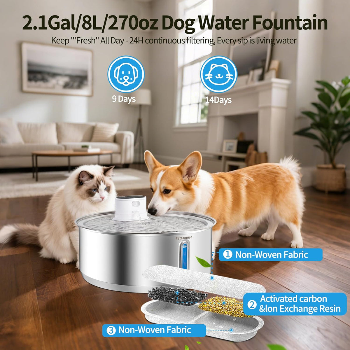 Wireless Dog Water Fountain, 2.1Gal/8L Battery Operated Stainless Steel Pet Water Fountain Motion