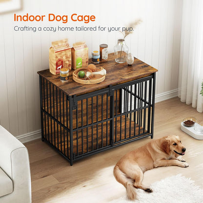 HOOBRO Dog Crate Furniture, 36.6" Heavy Duty Dog Kennel with Sliding Barn Door, Wooden Dog Cage