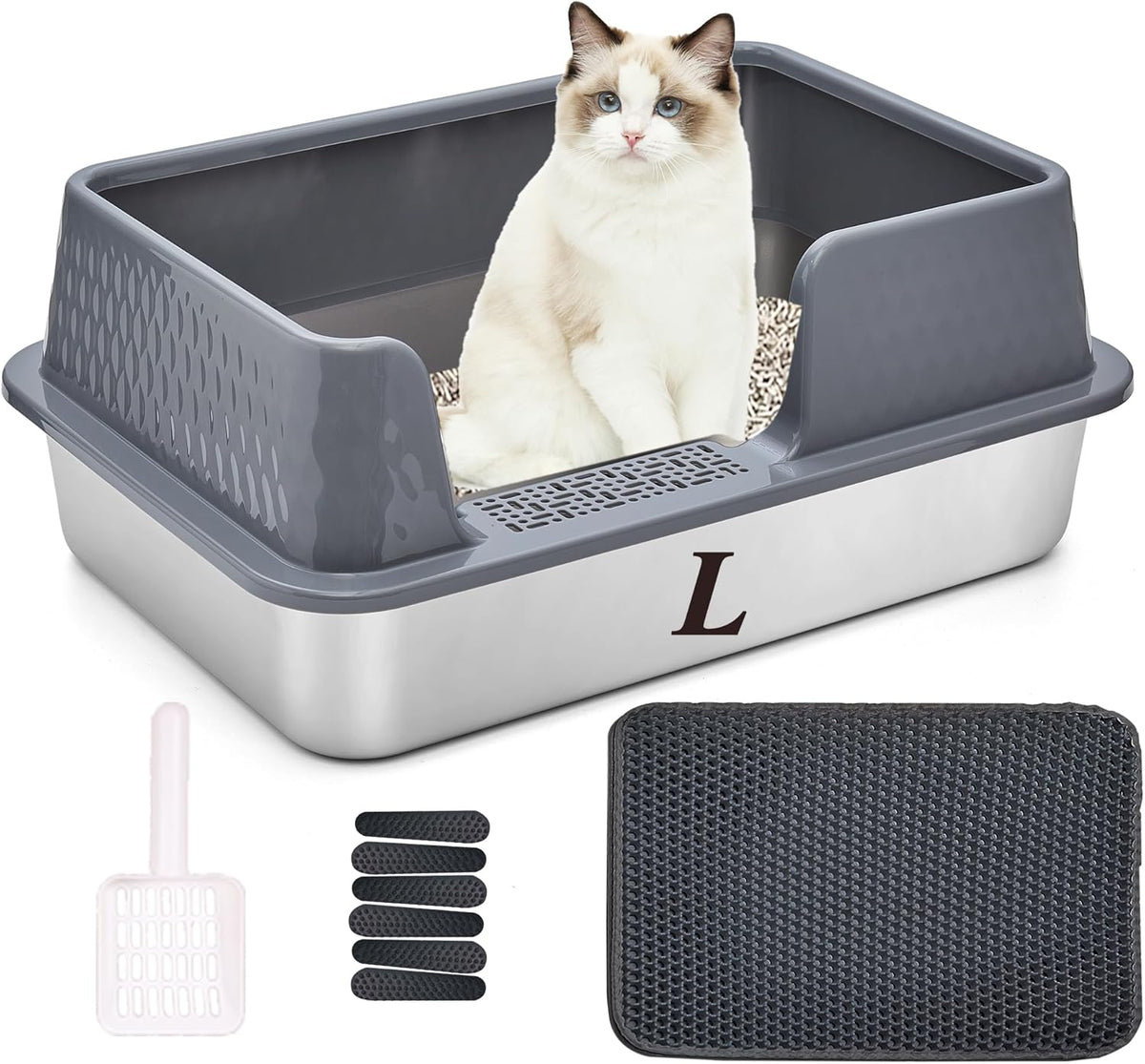 Suhaco Stainless Steel Litter Box Side Entry, Kitty Black Litter Mat and White Scoop Included