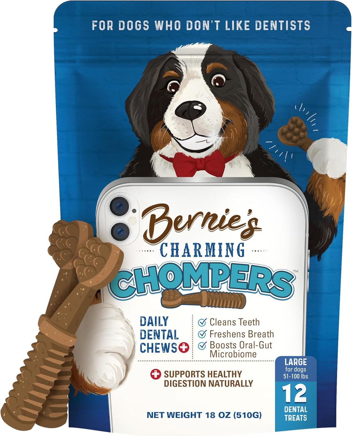 Bernie's Charming Chompers - Daily Dental Chews for Dogs 50-100 Lbs. - 12 Count - Cleans Teeth