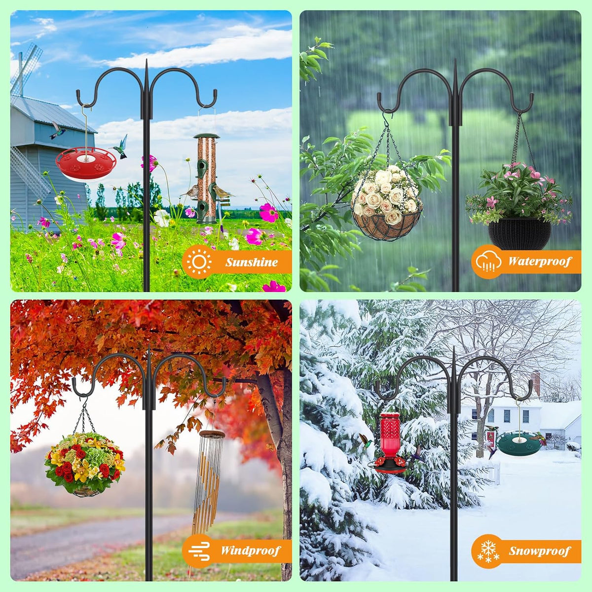 FEED GARDEN Adjustable Double Shepherds Hook for Outdoor with 5 Prong Base 108 Inch Heavy Duty Two