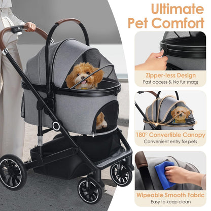 Pet Stroller with 4 Wheels, 3 in 1 Folding Puppy Strollers for Small/Medium Dogs Cats up to 50lbs