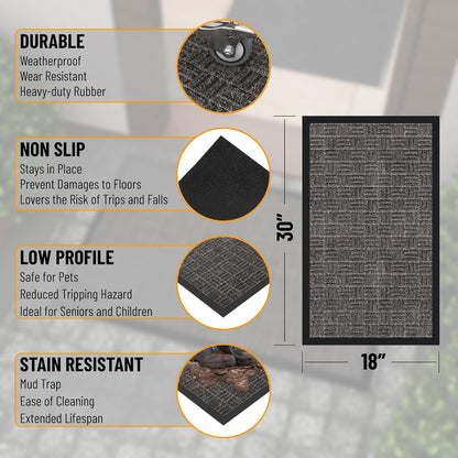 Indoor/Outdoor Hose-Wash Embossed Design Non-Slip Rubber 18" x 30" Modern Entryway Mat for
