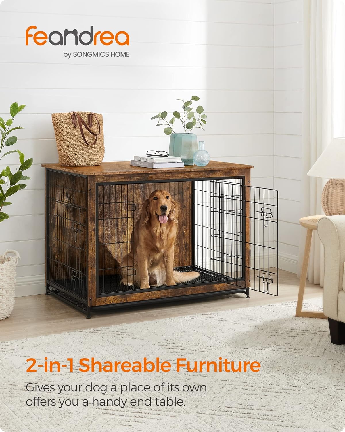 Feandrea Dog Crate Furniture, 44.1" Side End Table, Modern Kennel for Dogs Indoor up to 80 lb
