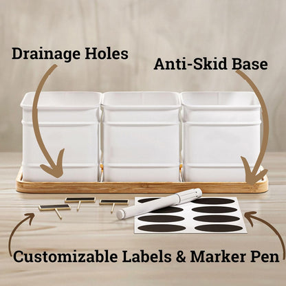 Herb Planter Indoor - 3 Iron Herb Pots with Drainage Holes, Varnished Bamboo Tray, Customizable