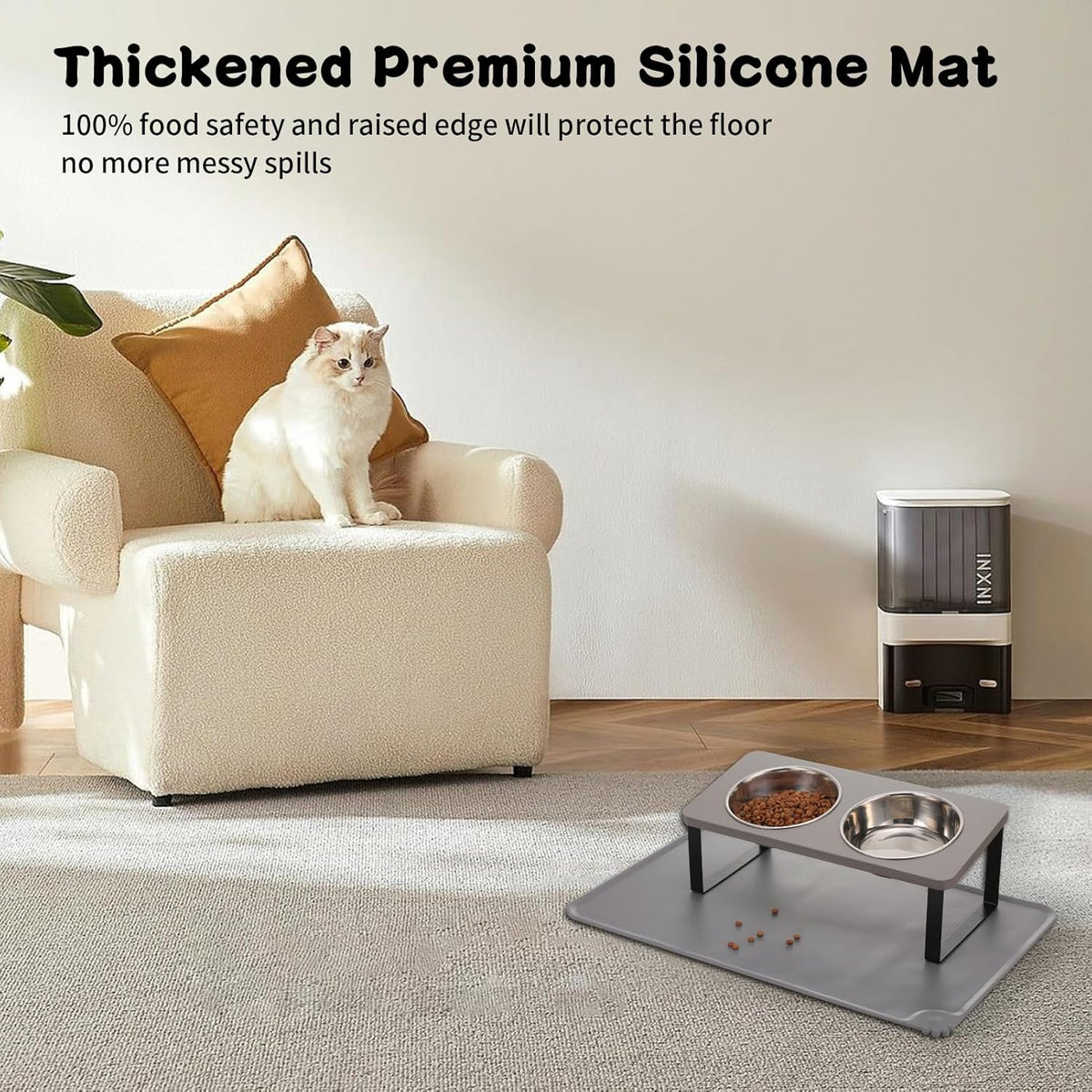 Upgraded Elevated Cat Bowls with Food Mat,15°Tilted Stand Anti Vomiting Raised Cat Dishes for Food
