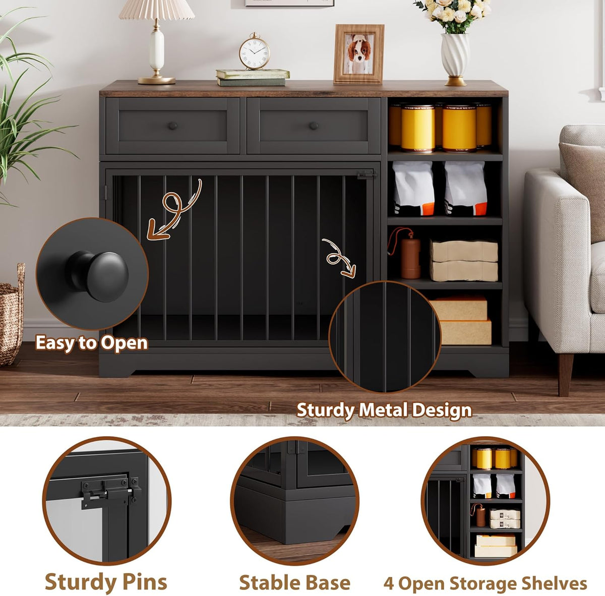 Dog Crate Furniture 47", Large Dog Crate TV Stand with 2 Drawers and 4 Shelves, Wooden Dog Kennel
