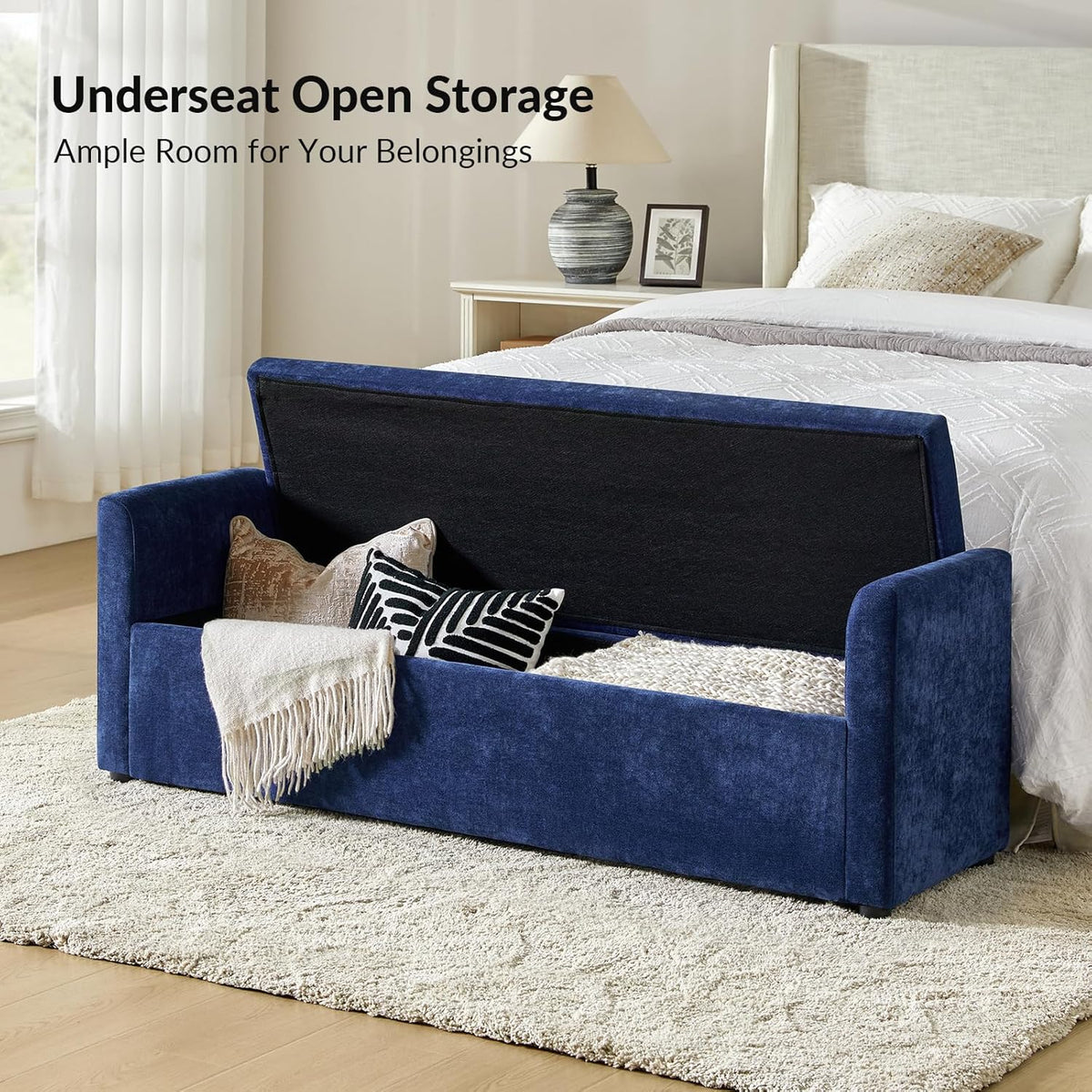 HULALA HOME Modern Storage Ottoman Bench with Throw Pillows, 59.4" Extra Long Bedroom Bench for End
