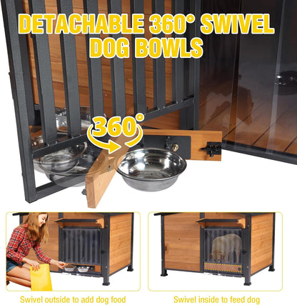 Chew-Resistant Dog House with Metal Frame, Wooden Kennel for Indoor & Outdoor Use, Waterproof Roof