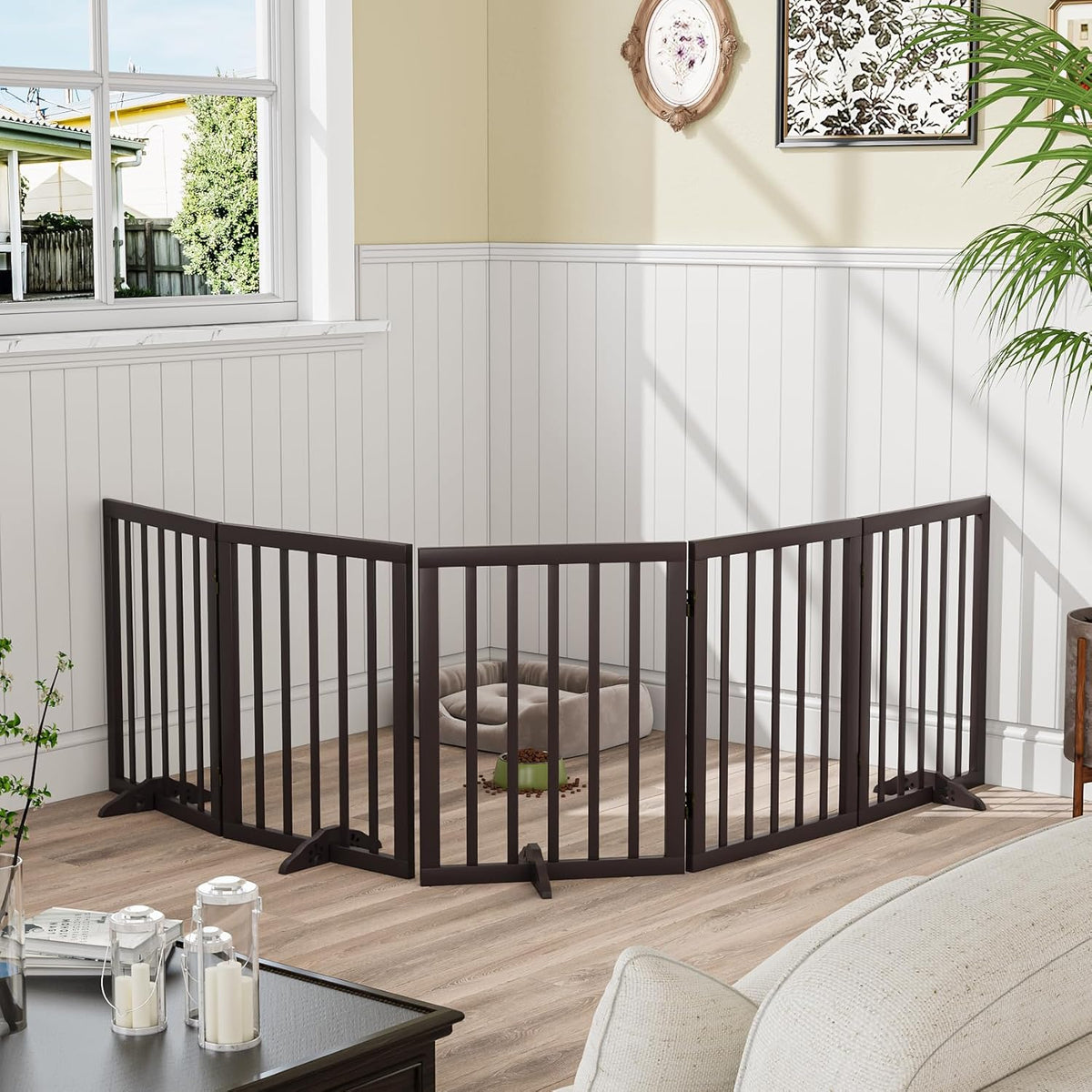 Freestanding Foldable Dog Gate 2 Panel,Fully Assembled Dog Gates for Doorways, Wooden Pet Gates for