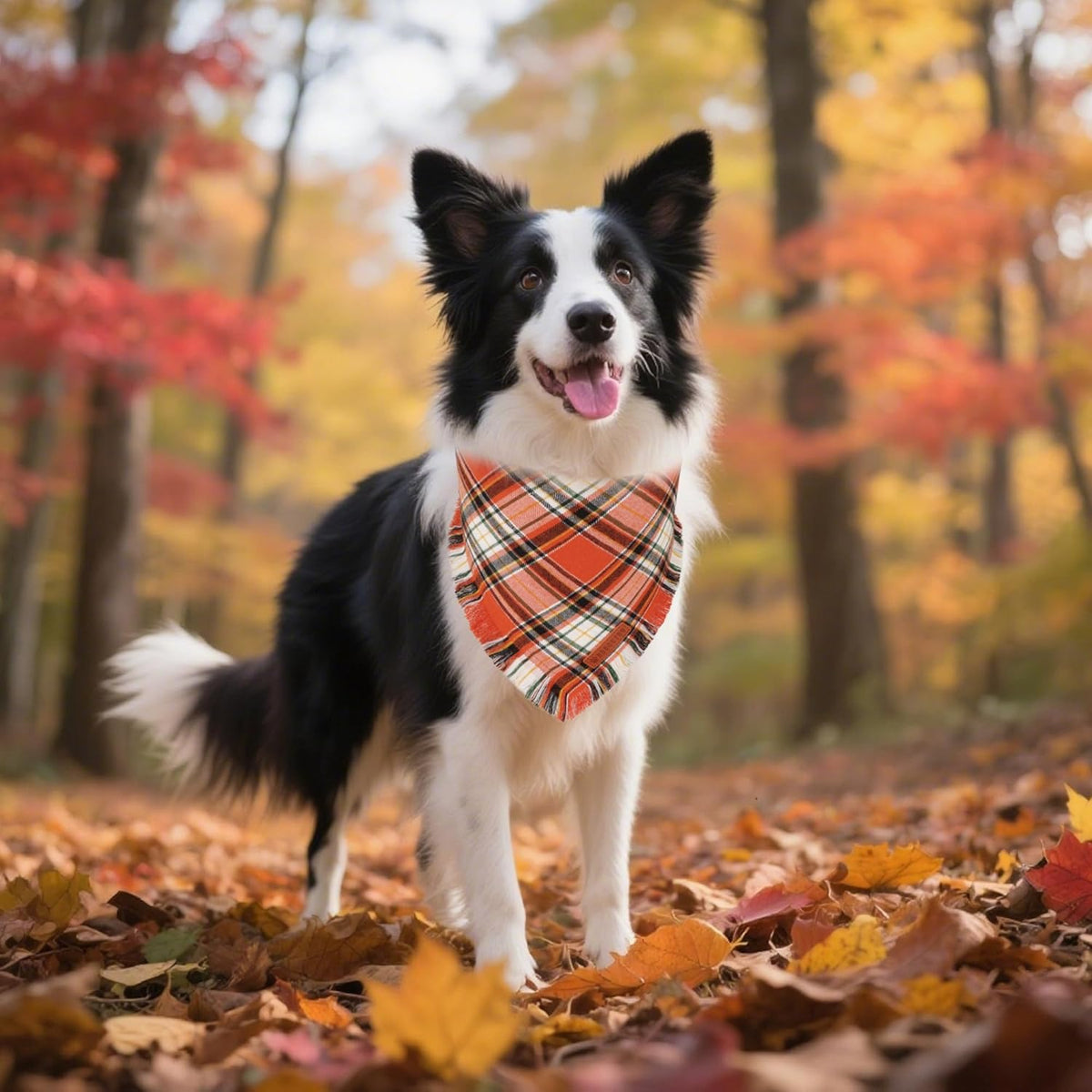 ADOGGYGO Fall Dog Bandana with Tassels Edges, Stylish Orange Plaid Pet Scarf, Multiple Size