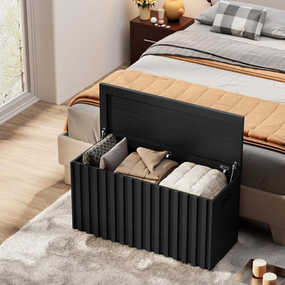 UEV Storage Bench,39.4" Wood Box, Storage Trunk with 2 Safety Hinges, Ottoman Storage Chest, Fluted