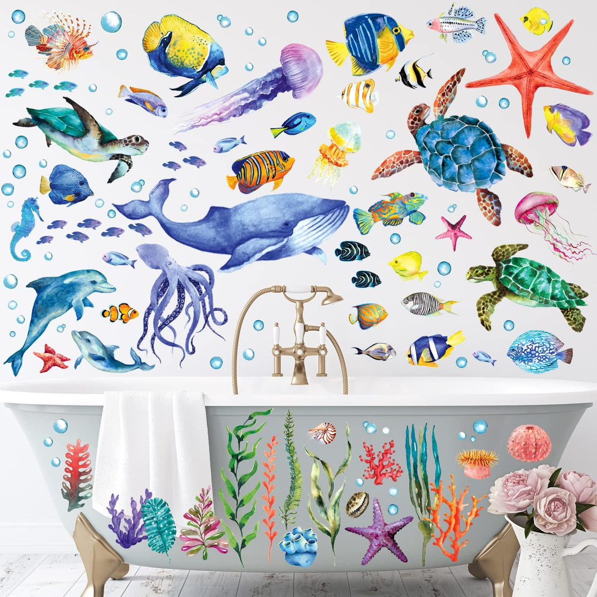 BASHOM DS12-8048 128 Pieces Under The Sea Wall Decals Ocean Fish Stickers Turtle Jellyfish Seaweed