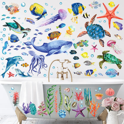 BASHOM DS12-8048 128 Pieces Under The Sea Wall Decals Ocean Fish Stickers Turtle Jellyfish Seaweed
