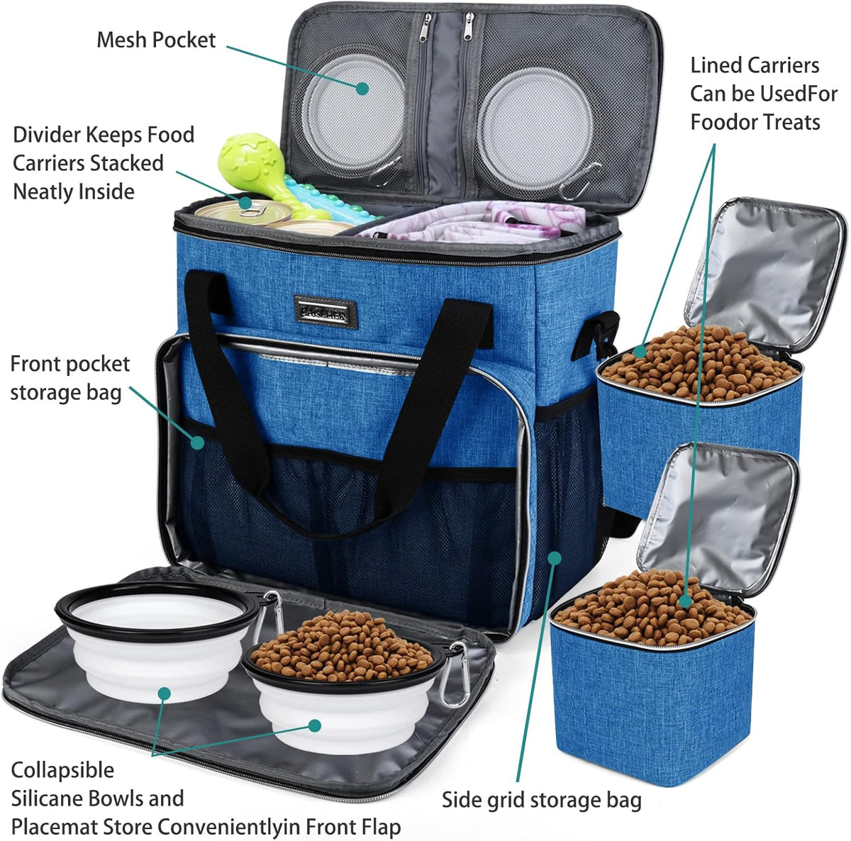 BAGLHER Dog Travel Bag, Pet Travel Bag (ALL Pet Travel Supplies), With 2 Pet Food Containers and 2