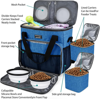 BAGLHER Dog Travel Bag, Pet Travel Bag (ALL Pet Travel Supplies), With 2 Pet Food Containers and 2