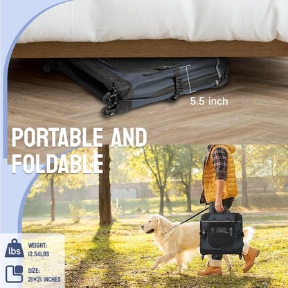 30IN Soft Collapsible Dog Crate w Detachable Wheels, Rolling Travel Dog Crate for Medium Breed
