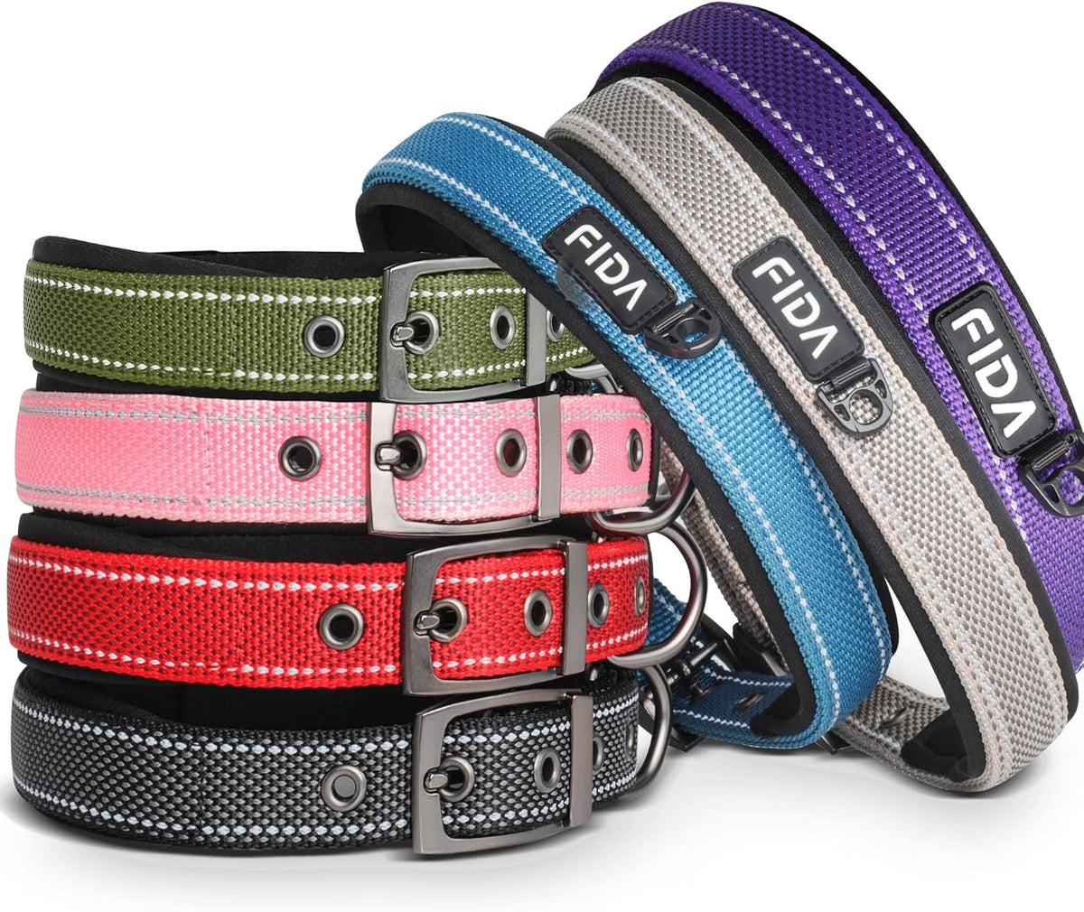 Fida Heavy Duty Dog Collar, Ultra Comfortable Soft Neoprene Padded, Adjustable Reflective Nylon Pet