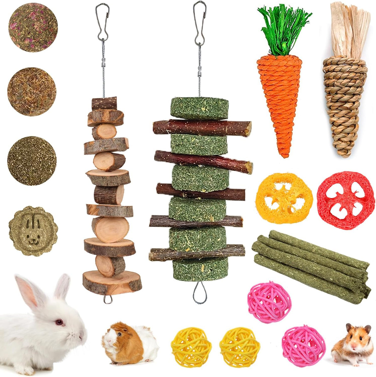 Grddaef 20 PCS Bunny Chew Toys for Teeth, Natural Rabbit Toys Apple Wood Grass Timothy Sticks Chew