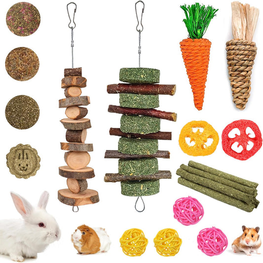Grddaef 20 PCS Bunny Chew Toys for Teeth, Natural Rabbit Toys Apple Wood Grass Timothy Sticks Chew