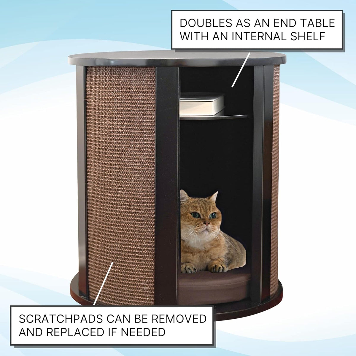 THE REFINED FELINE Purrrrfect End Table Cat Bed Cave in Black Espresso, Multipurpose Wood Cat