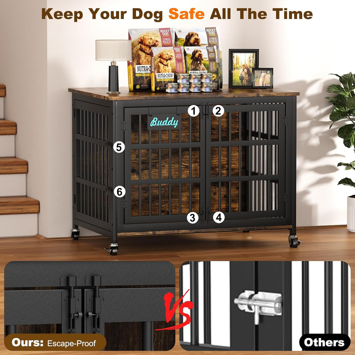 EasyCom 42"/41"/33" Dog Crate Furniture with Name Tag, XL Heavy Duty Dog Kennel Indoor for Large