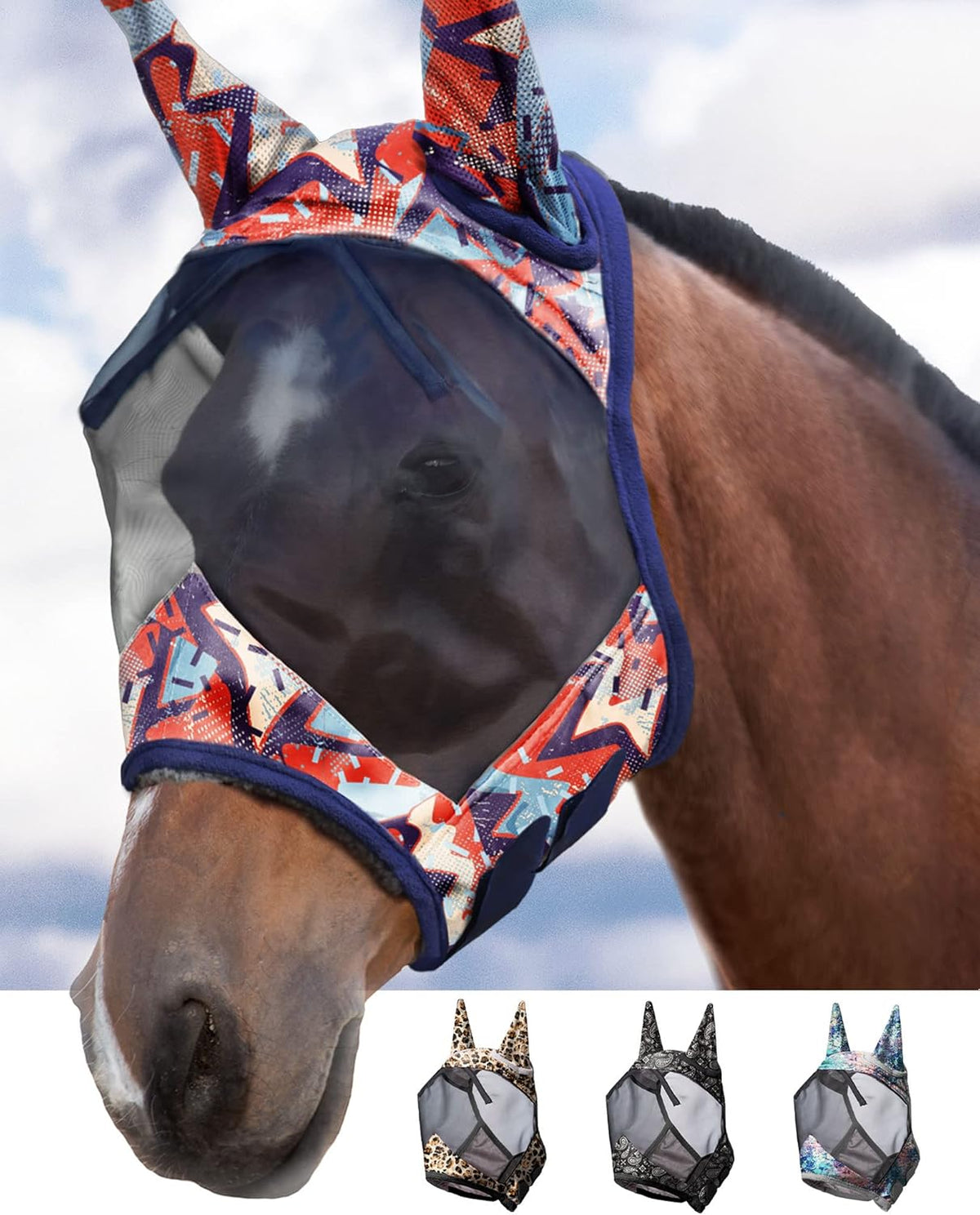 Harrison Howard LumiVista Horse Fly Mask Standard with Ears UV Protection for Horse Abstract