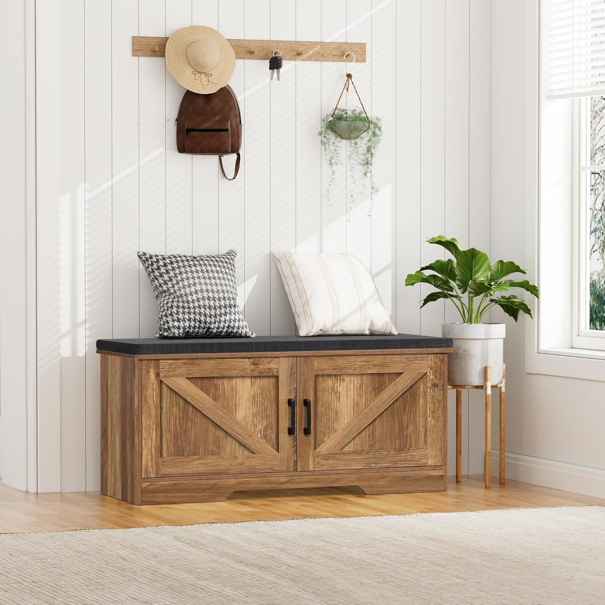 2-Tier Storage Bench, Shoe Bench with Padded Seat Cushion, Entryway Bench with 2 Barn Doors