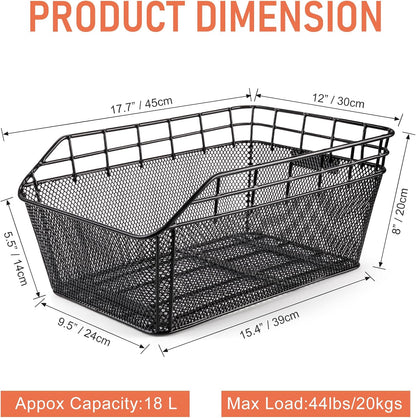 Rear Bike Basket - Large Bicycle Rear Basket with Cargo Net and Waterproof Cover, Wire Bike Baskets