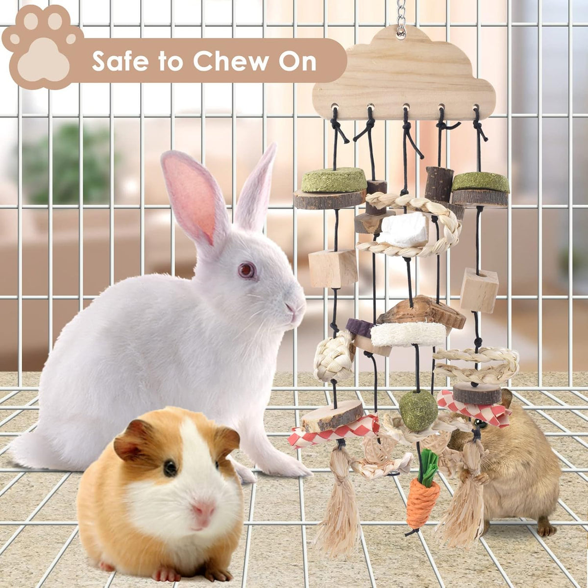 Bissap Rabbit Chew Toy, Bunny Cage Hanging Chew Toys and Treats Wooden with Snacks for Guinea Pigs