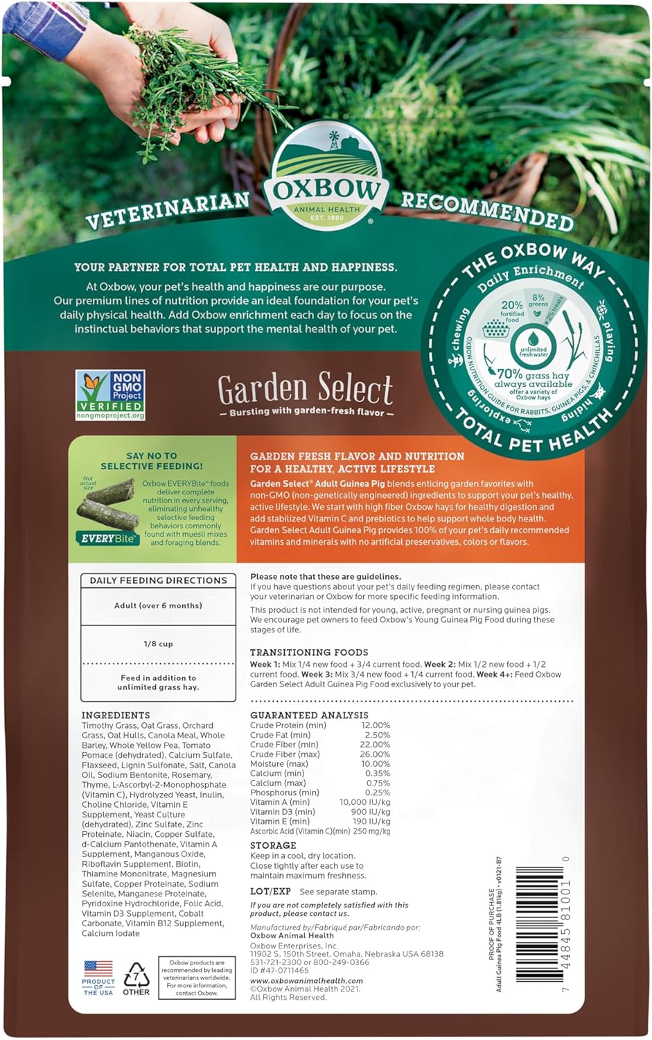Oxbow Animal Health Garden Select Guinea Pig Food, Adult Guinea Pig, Made Timothy Hay, Vitamin &