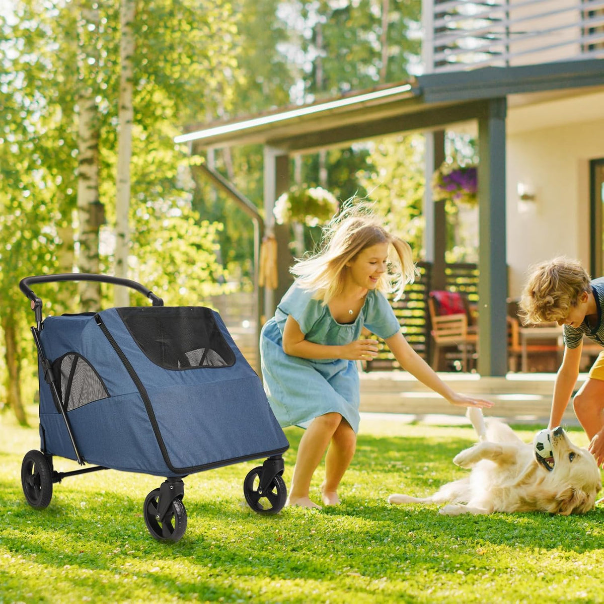 Large Dog Travel Stroller with 4 Heavy Duty Wheels Pet Stroller with Adjustable Handle - Double