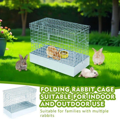 Folding Rabbit Cage, 18 x 10 x 14 in Portable Bunny Carrier with Tray and Handles for Transport